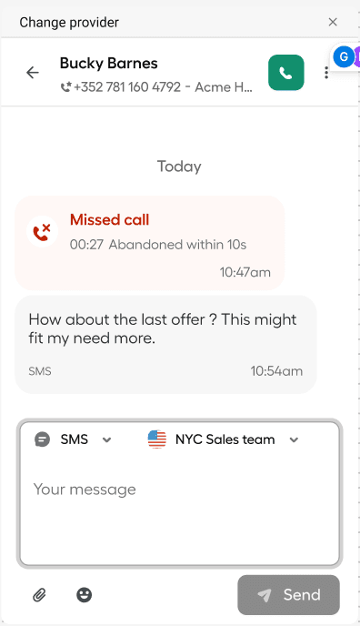 Conversation view in the Aircall desktop app showing missed call details and SMS reply options..png