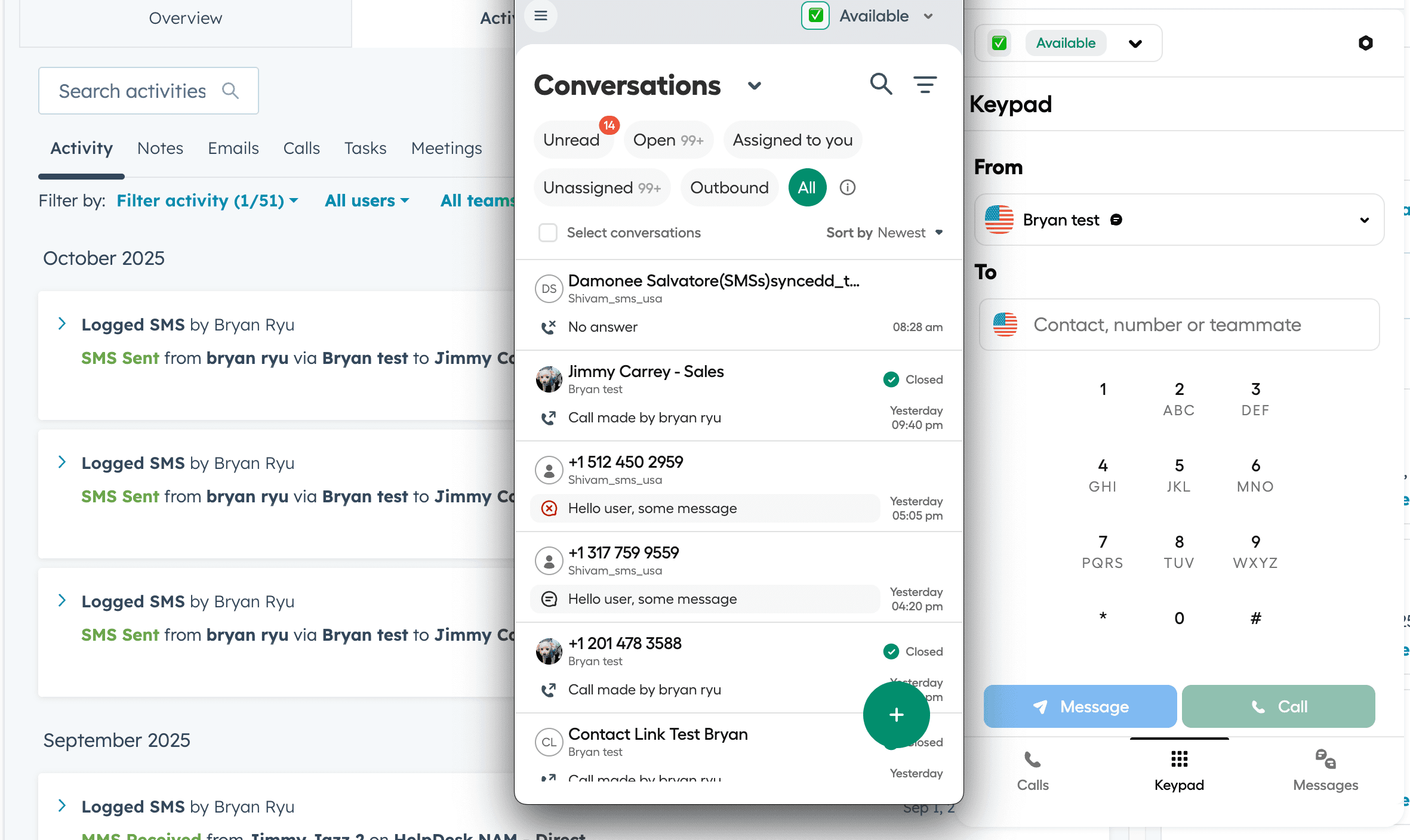 Aircall app integrated in HubSpot showing Conversations and Keypad tabs alongside logged SMS activity in the HubSpot activity timeline.