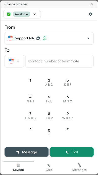 Aircall desktop app keypad showing options to call or message a contact..png