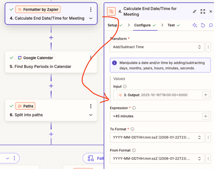 Zapier Formatter step calculating meeting end time by adding 45 minutes..png