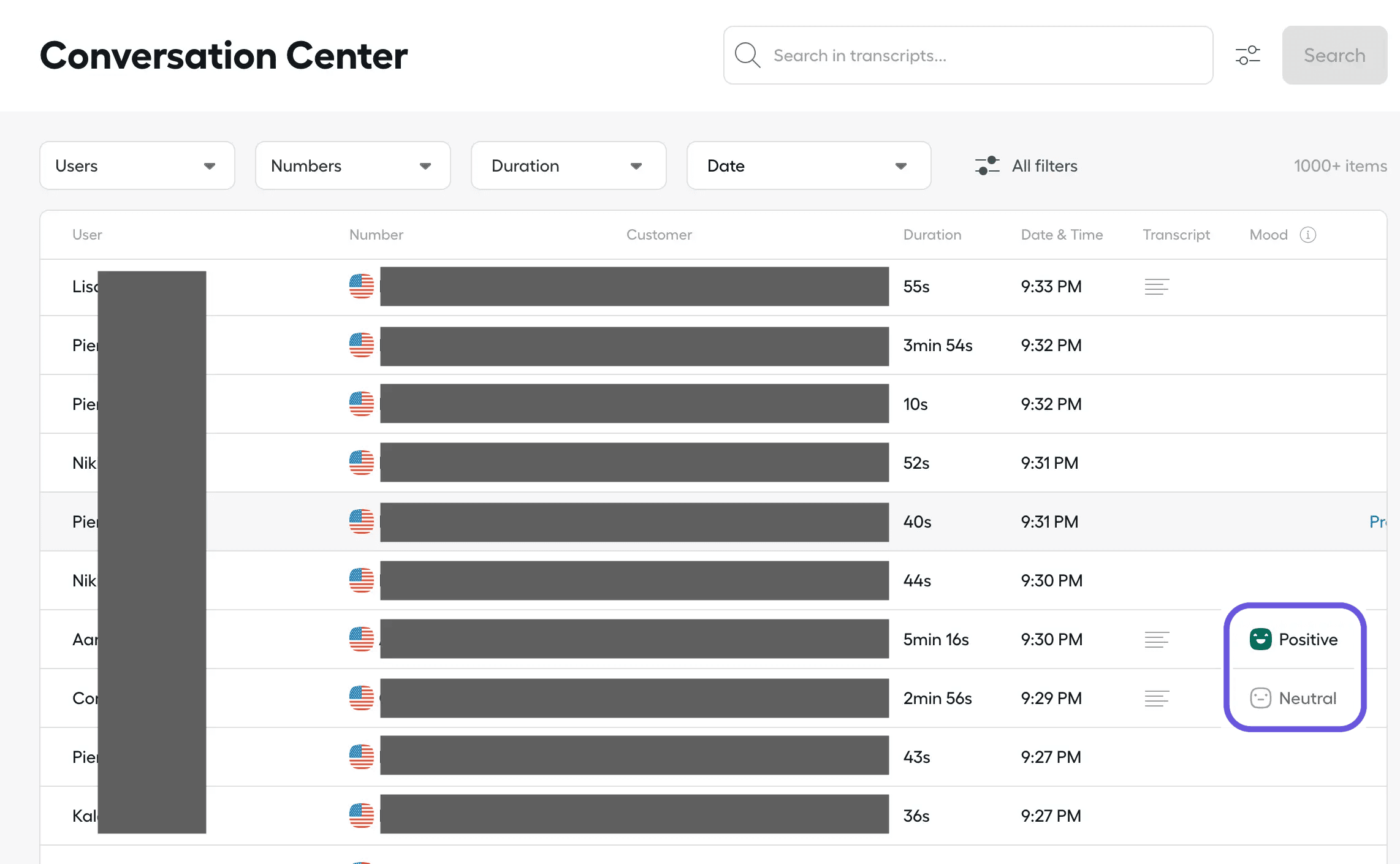 Aircall Conversation Center showing list of recent calls with filters for users, numbers, duration, and date, including mood indicators for Positive and Neutral conversations..png