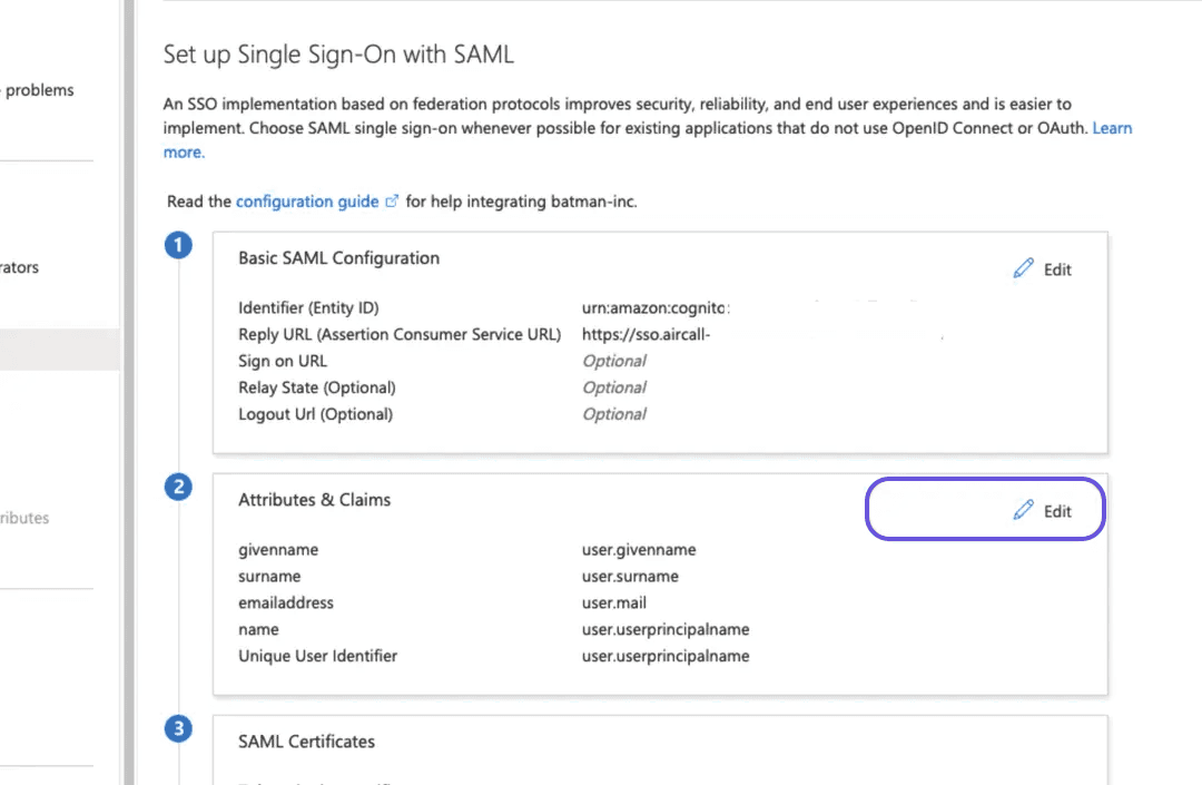 Azure Active Directory SSO configuration page showing Basic SAML Configuration and Attributes & Claims sections with Edit option highlighted..png
