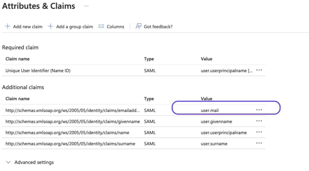 Azure Active Directory Attributes & Claims settings page showing additional claims list with ‘user.mail’ value highlighted..png
