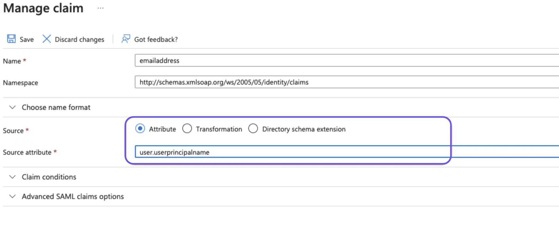 Azure Active Directory Manage Claim page showing source attribute ‘user.userprincipalname’ configuration for email address mapping.png