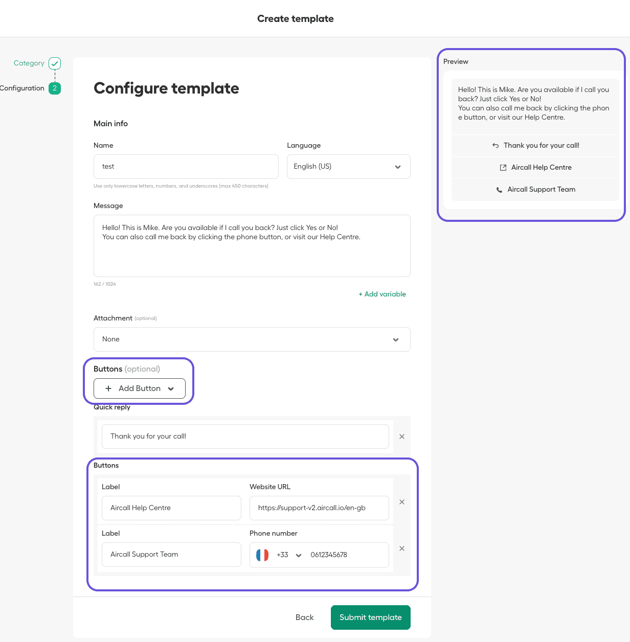 Configure template screen in Aircall showing message editor, language selection, button options for website and phone number, and live preview of WhatsApp message.png