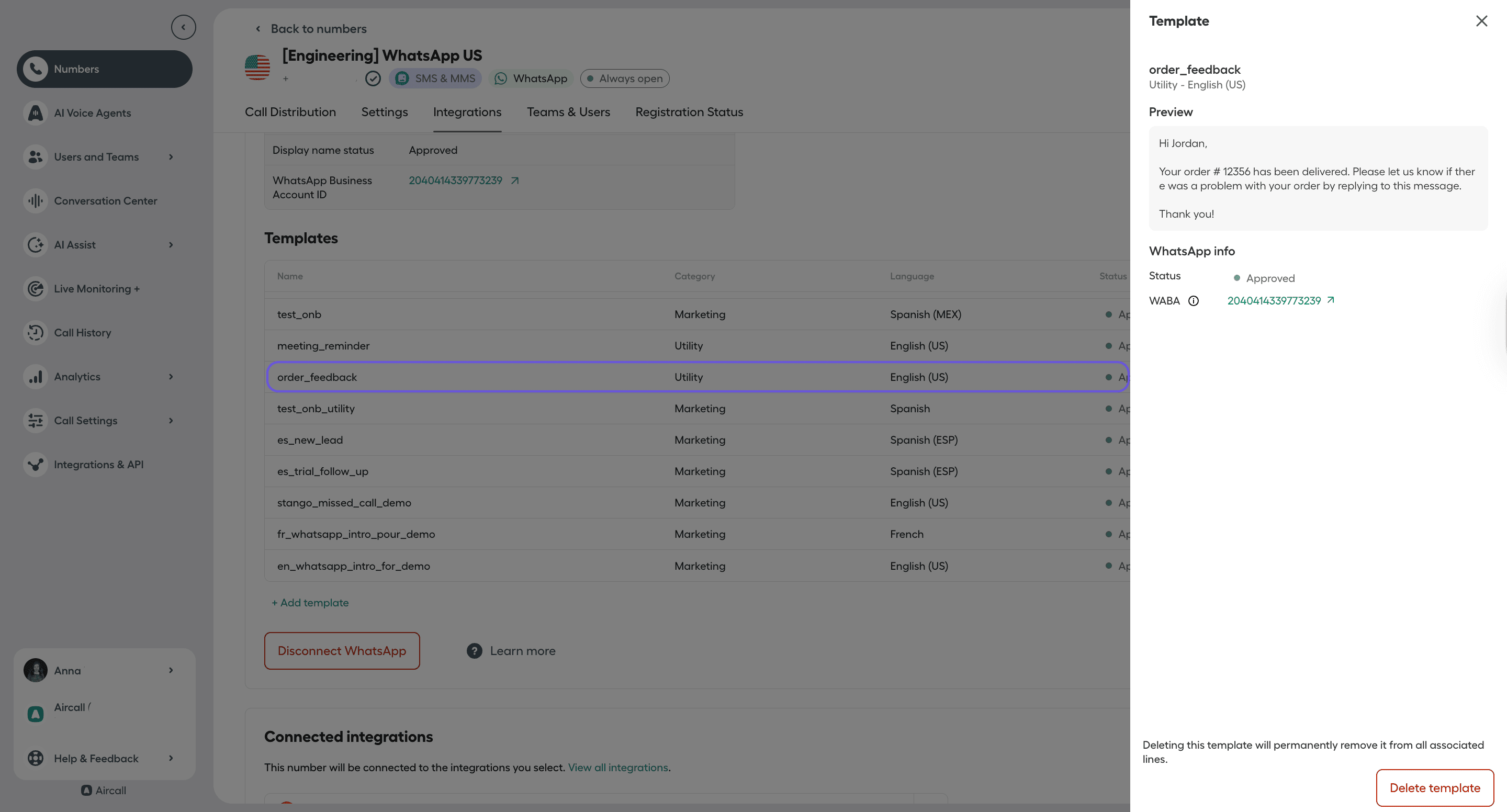 Aircall WhatsApp template details panel displaying selected template name, message preview, WhatsApp info, and delete template option..png