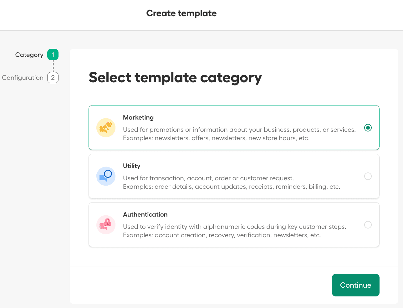 Create template screen in Aircall showing category selection step with Marketing, Utility, and Authentication options..png