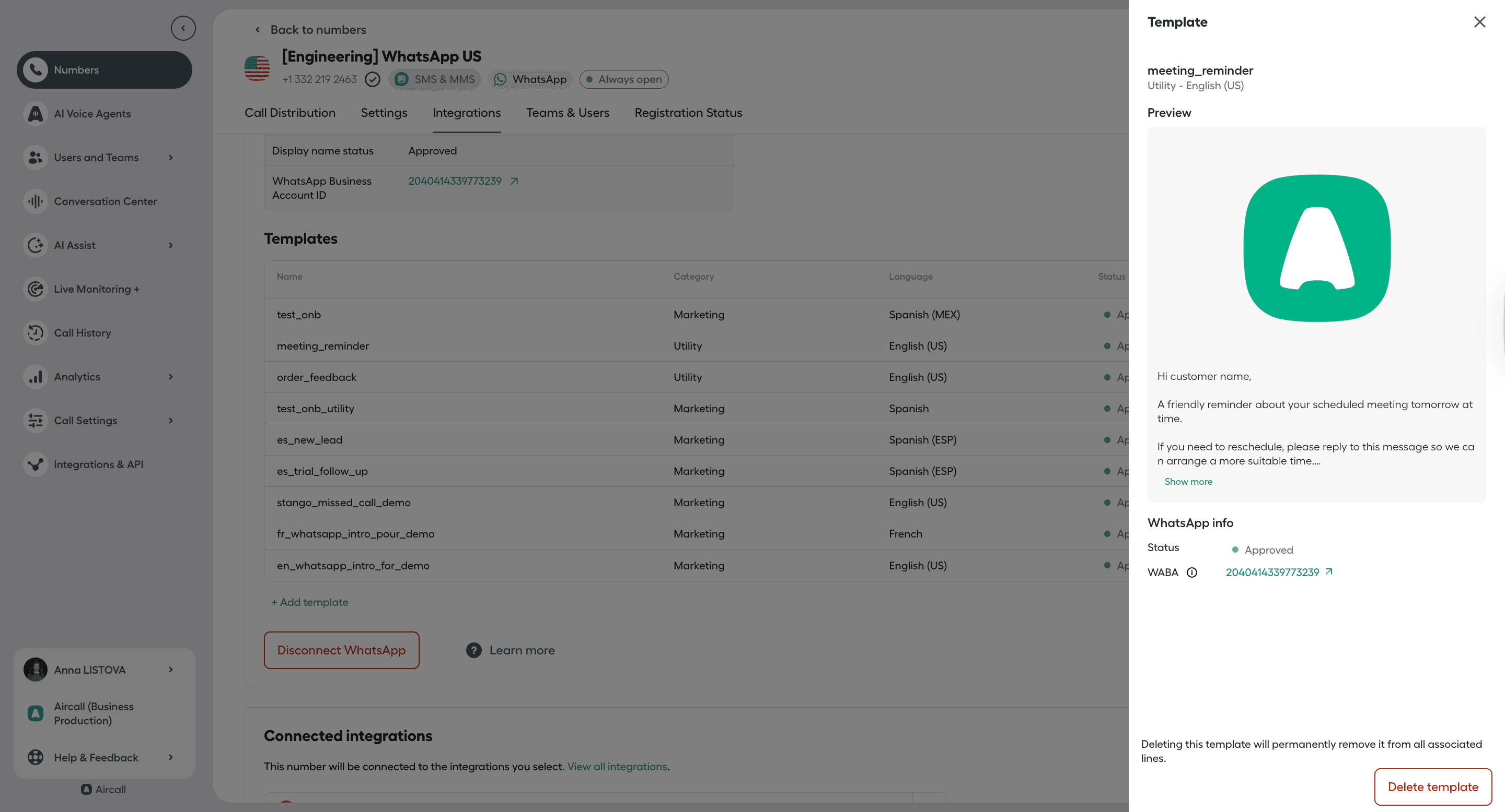 Aircall WhatsApp template details panel showing message preview for a meeting reminder template with WhatsApp info and delete template option..png