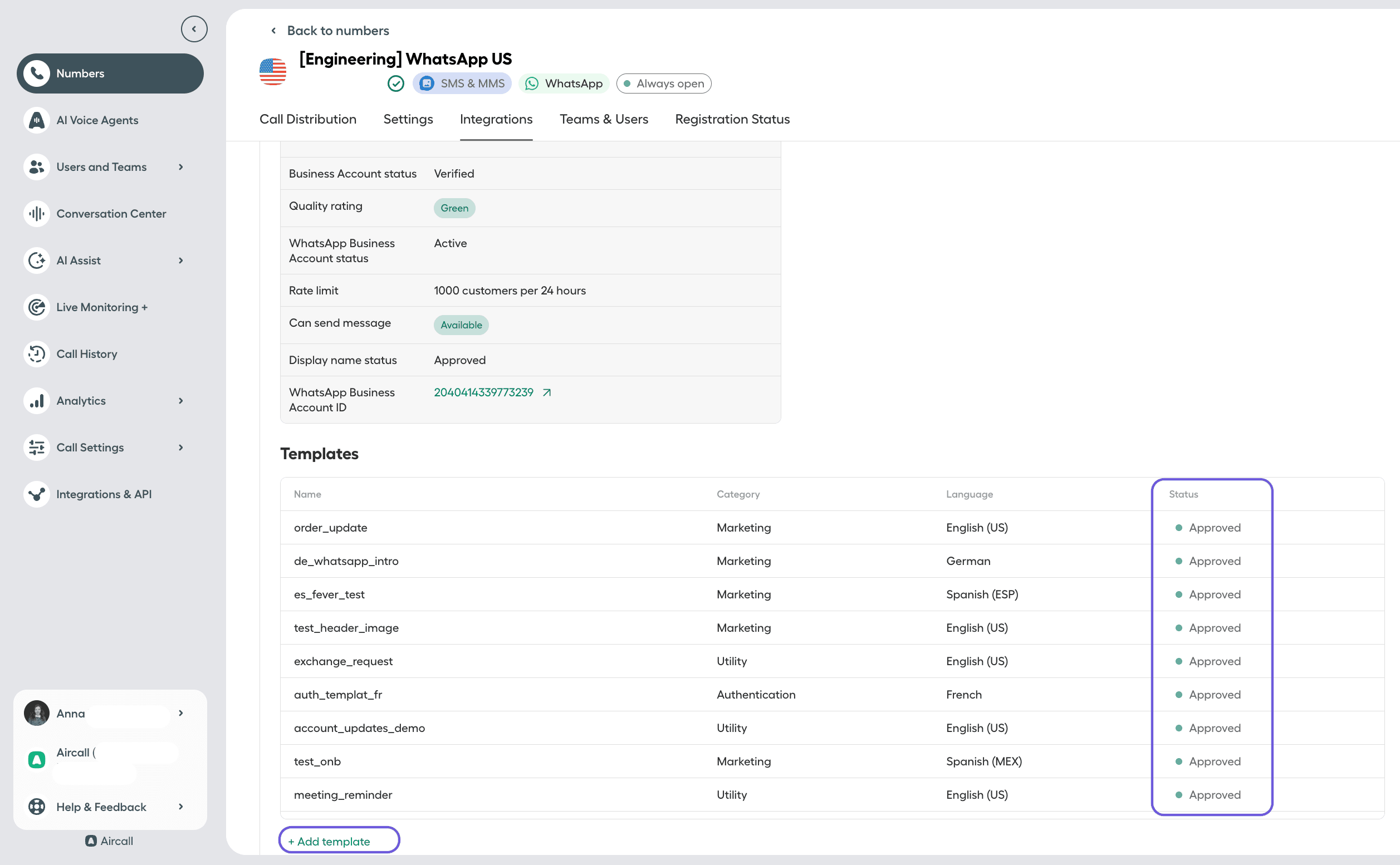 Aircall WhatsApp US integration settings page showing verified business account status, rate limit, and list of approved message templates with option to add new template..png
