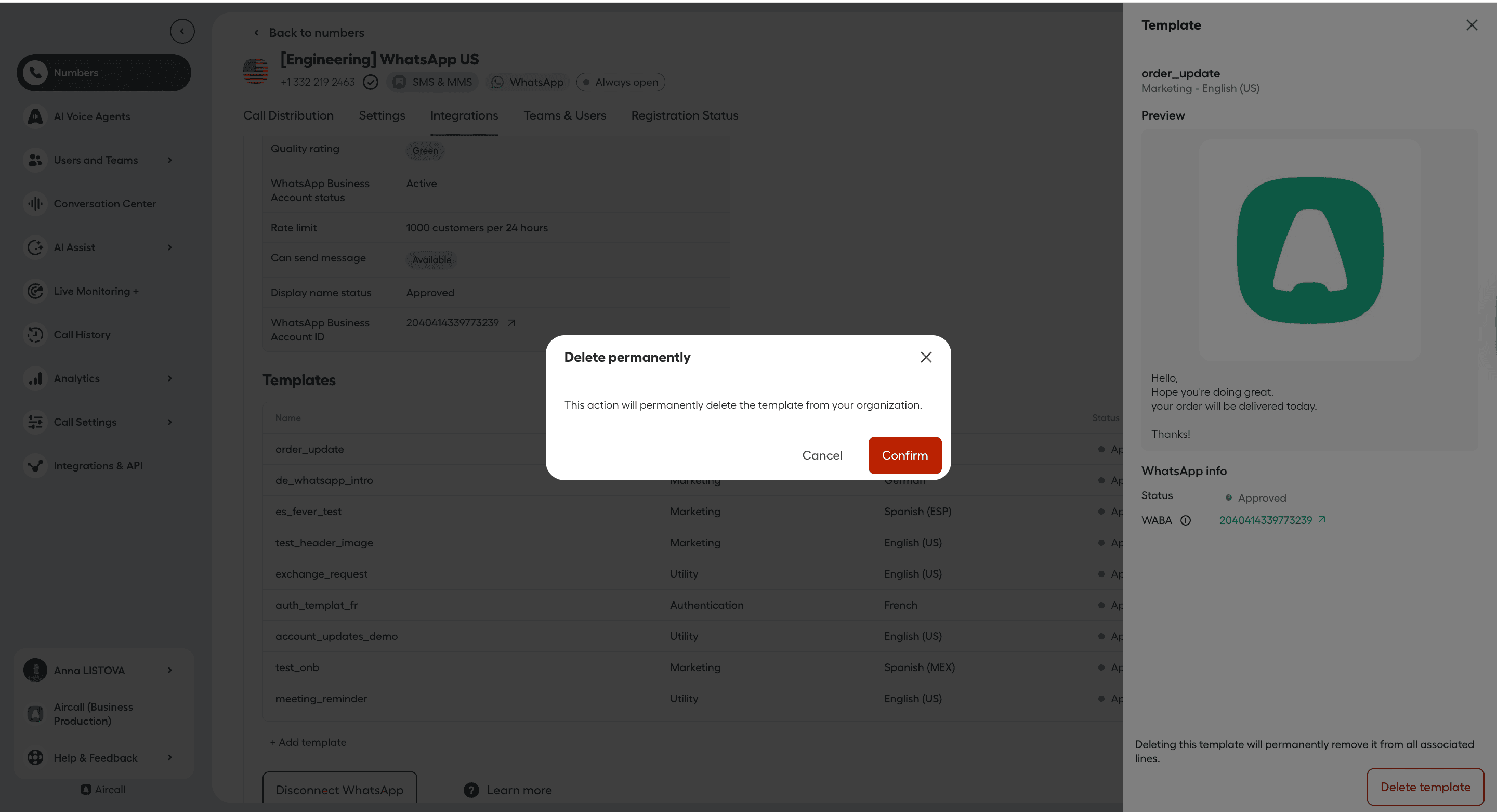 Aircall WhatsApp template deletion confirmation popup asking to permanently delete the selected template with Cancel and Confirm buttons..png