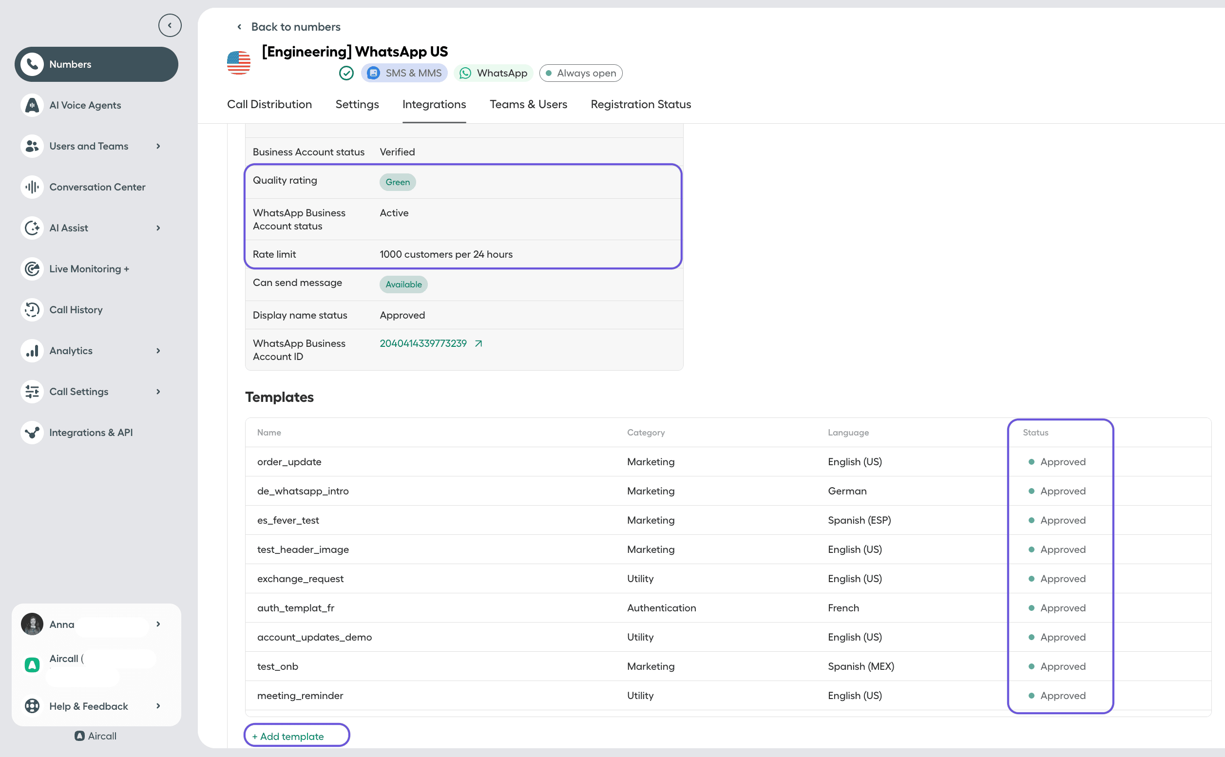 Aircall WhatsApp US integration page in the dashboard showing verified business account details including quality rating, rate limit, and approved message templates list with option to add a new template..png