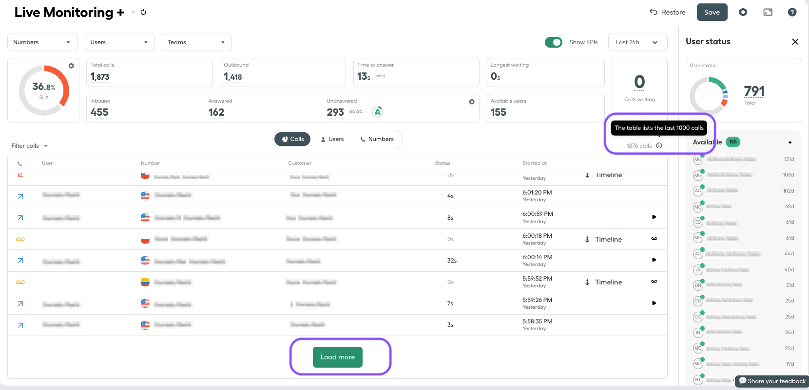 Calls table load more and max 1000 note