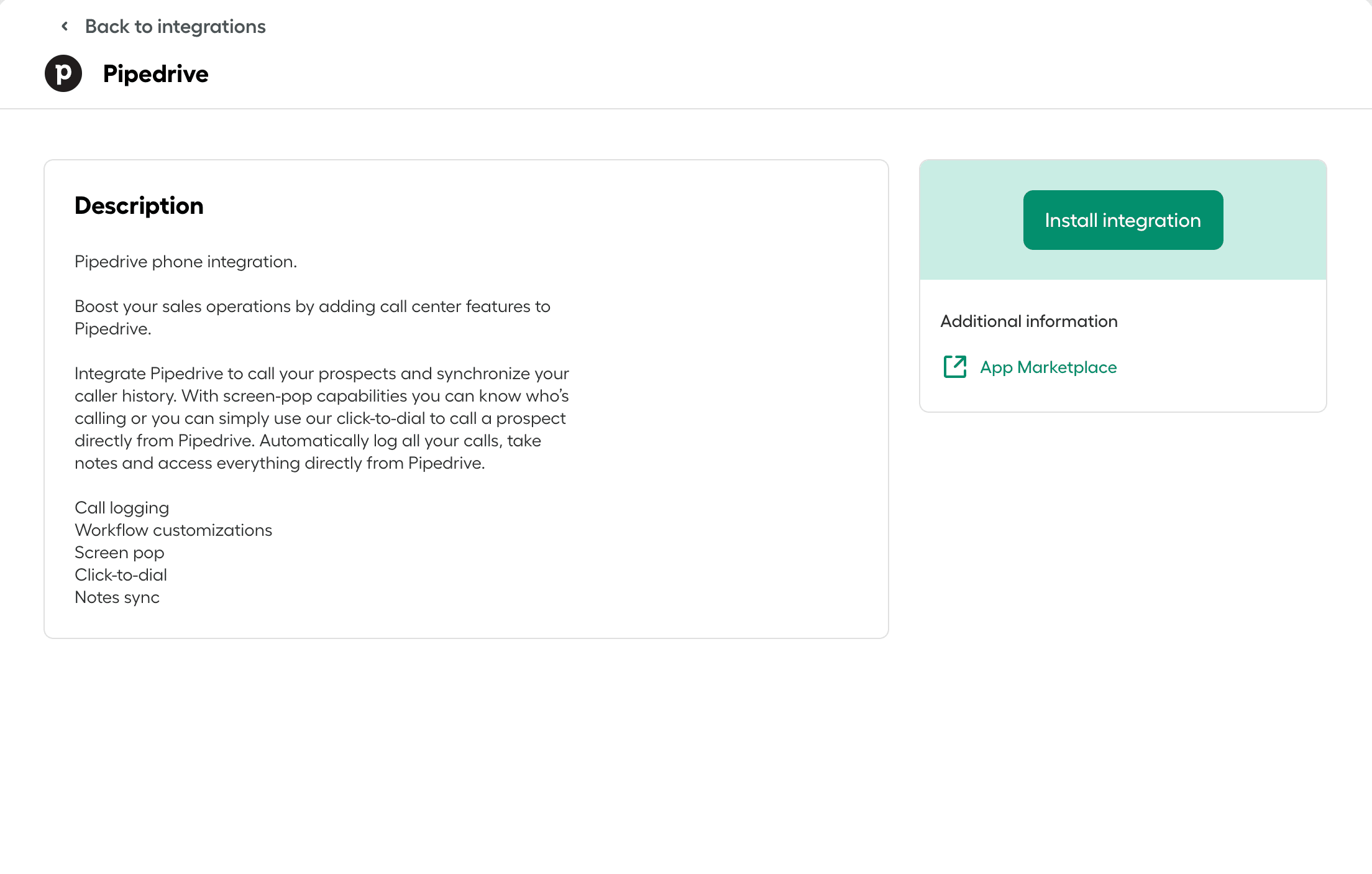 Aircall integrations page displaying Pipedrive integration description, features, and Install Integration button..png