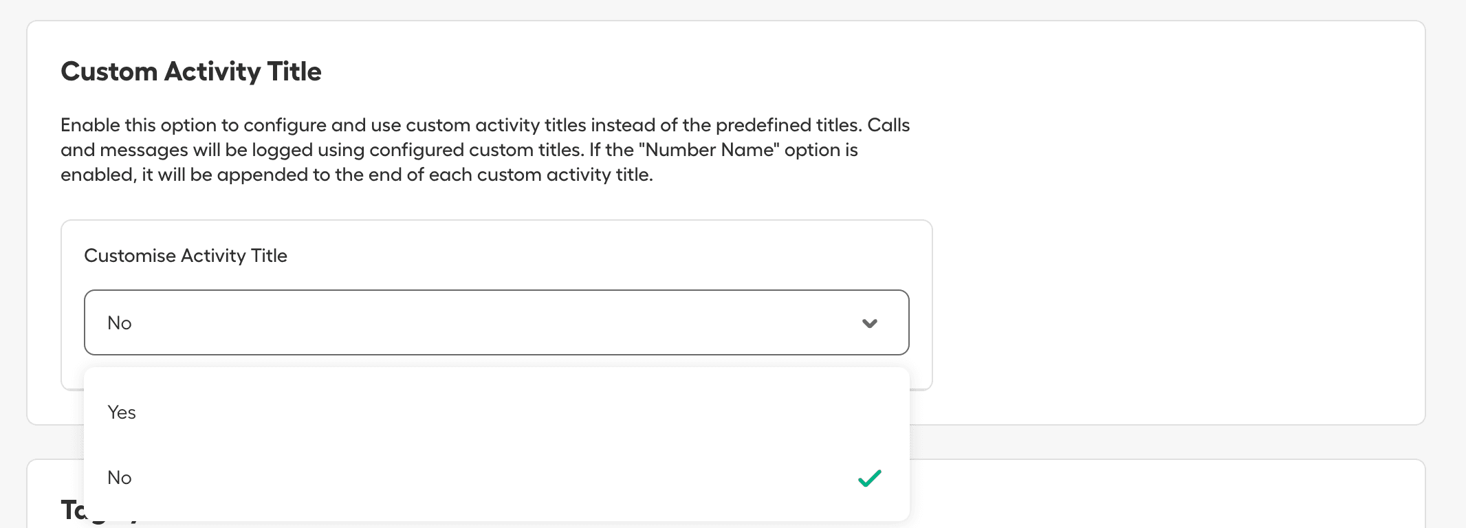 Custom Activity Title section showing dropdown to enable or disable customized activity titles for calls and messages..png