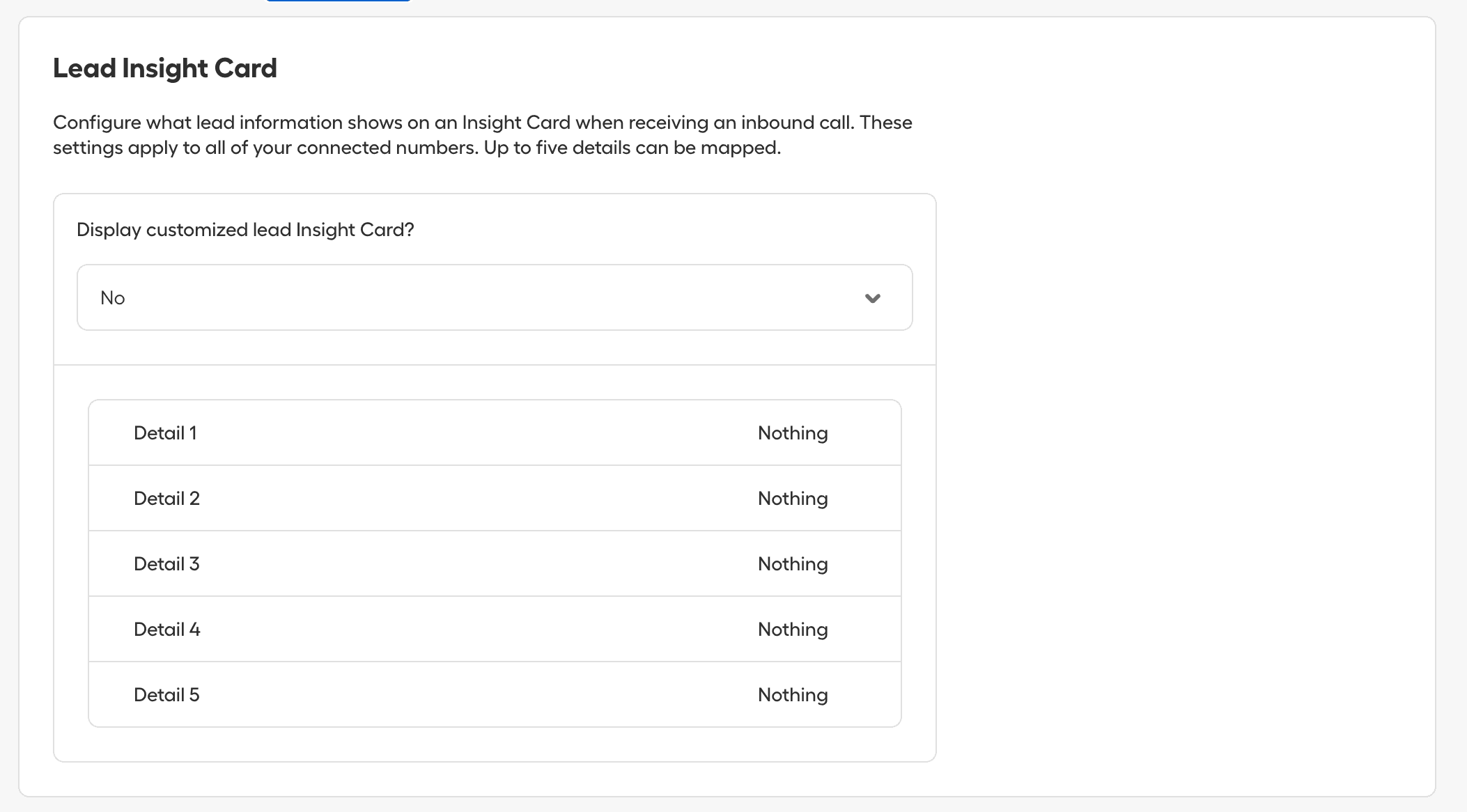 Lead Insight Card settings for configuring what lead information displays on inbound calls, with five detail fields available for mapping..png