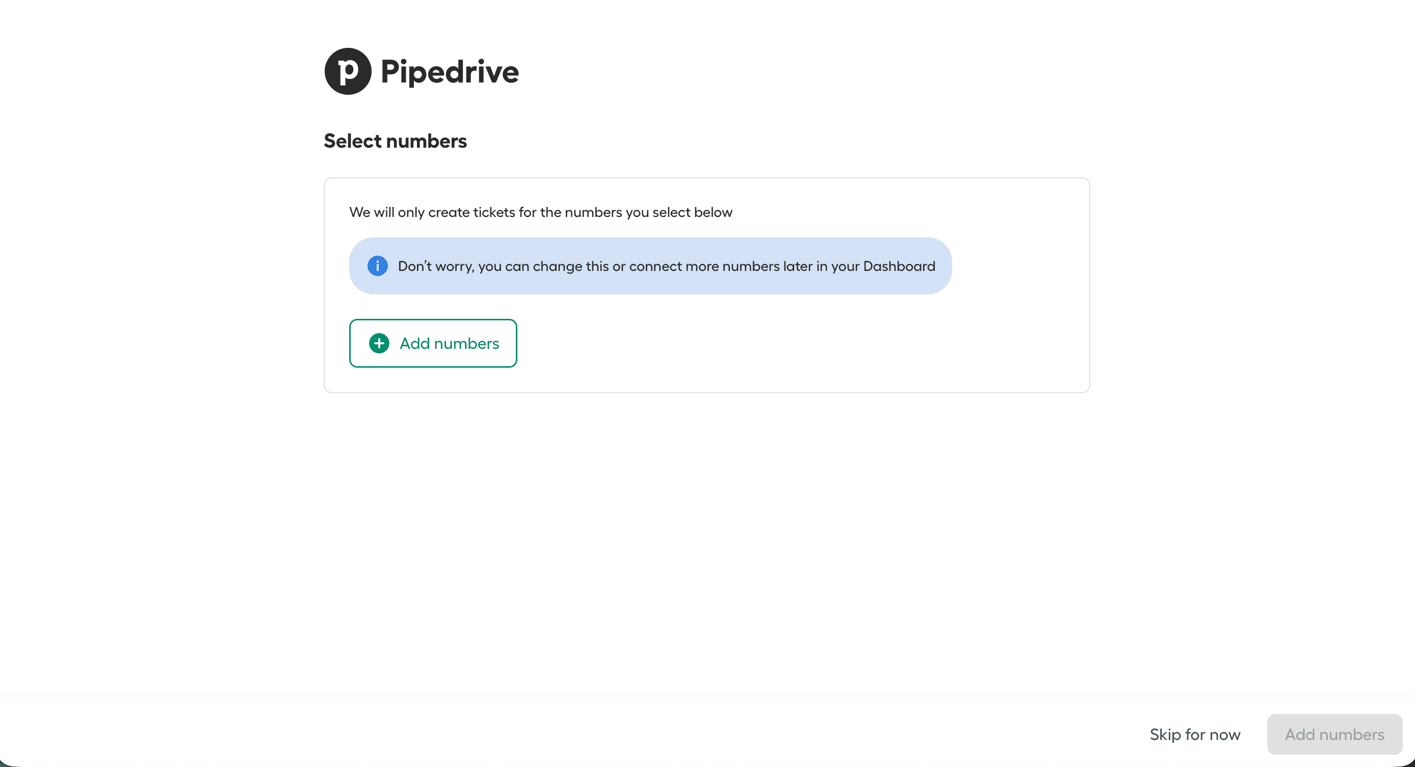 Setup screen prompting user to select Aircall numbers to connect with Pipedrive, with Add Numbers and Skip for now options..png