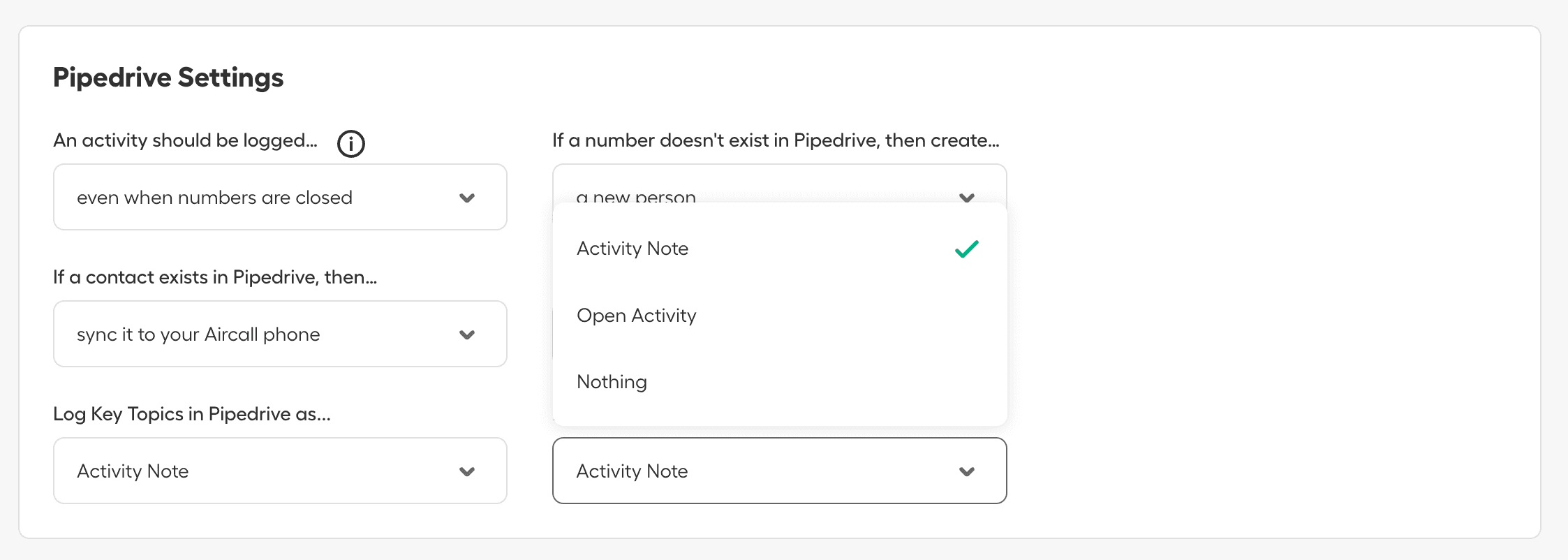 Dropdown menu in Pipedrive Settings allowing selection of how to create records when a number doesn’t exist, with options like Activity Note, Open Activity, or Nothing..png