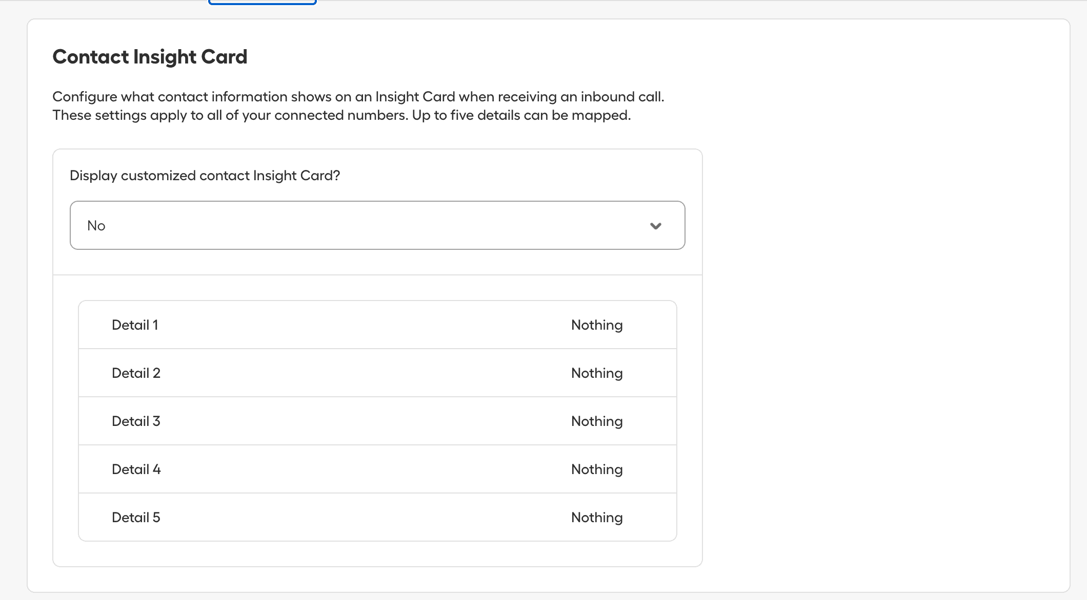 Contact Insight Card settings showing configuration for displaying contact information on inbound calls, with five customizable detail fields set to Nothing..png