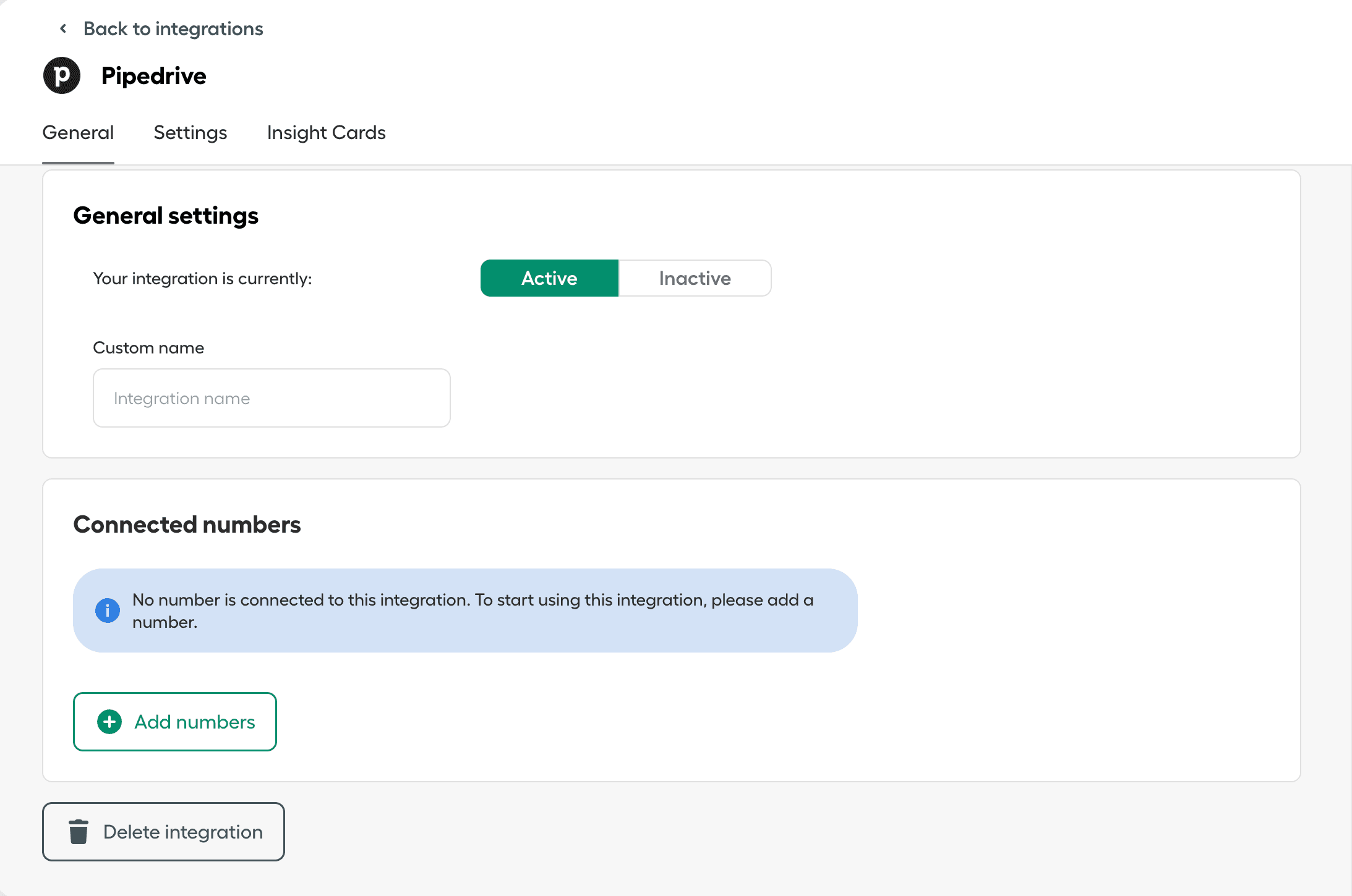 Integration settings page showing Pipedrive integration status toggle, connected numbers section, Add Numbers button, and Delete Integration option..png