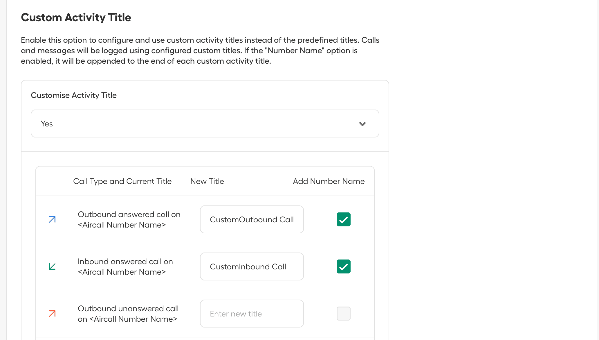 Custom Activity Title settings populated with examples showing customized titles ‘CustomOutbound Call’ and ‘CustomInbound Call’ with number name option enabled..png
