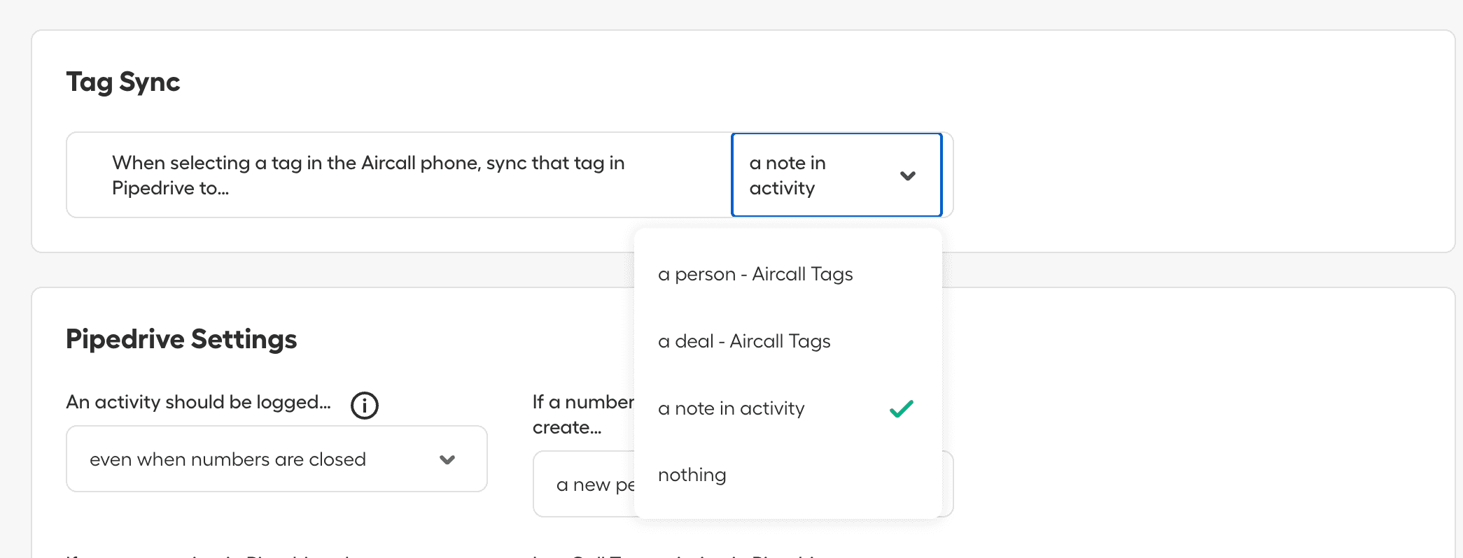 Tag Sync settings showing dropdown to choose how Aircall tags sync to Pipedrive, with options including a person, a deal, a note in activity, or nothing.png