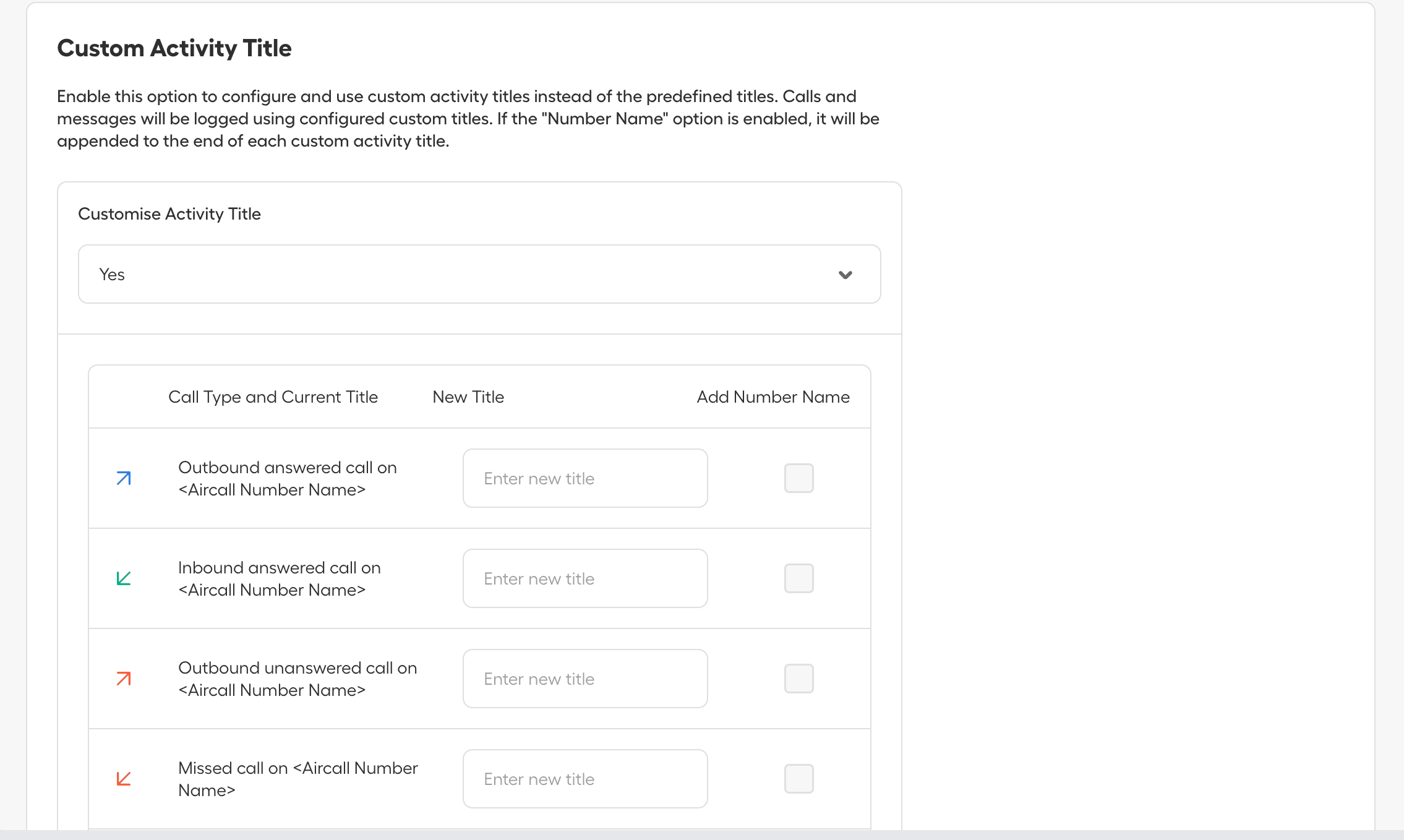 Custom Activity Title configuration table allowing users to enter new titles for each call type and choose whether to append the Aircall number name..png