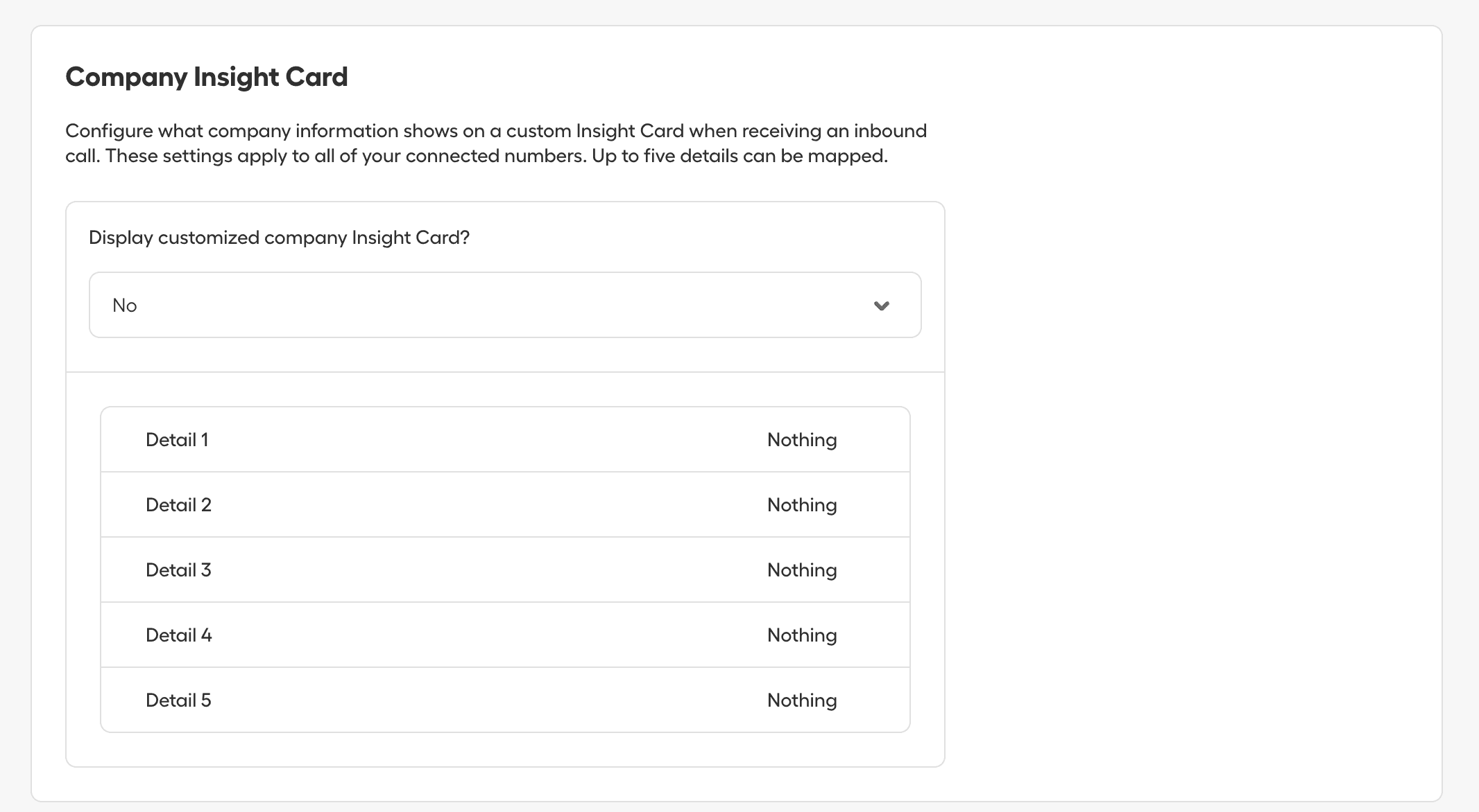 Company Insight Card settings showing configuration for displaying company details on inbound calls, with five customizable fields available for mapping..png