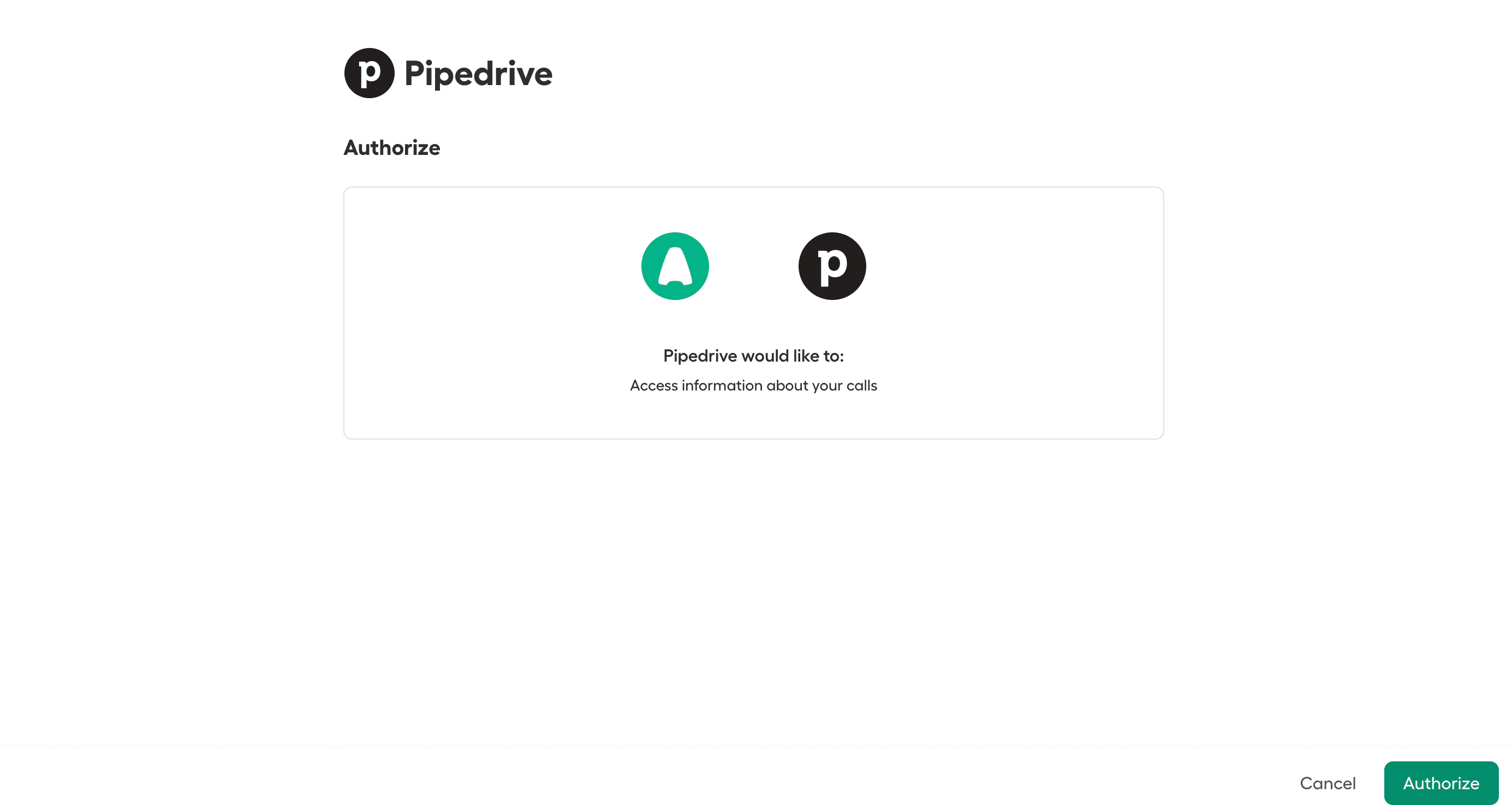 Authorization screen showing Aircall and Pipedrive logos with message asking permission to access call information and an Authorize button..png