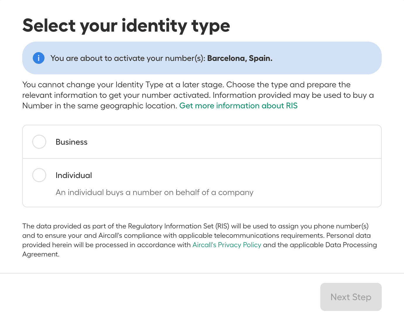 Aircall screen prompting the user to select an identity type, with options for Business or Individual to activate a number