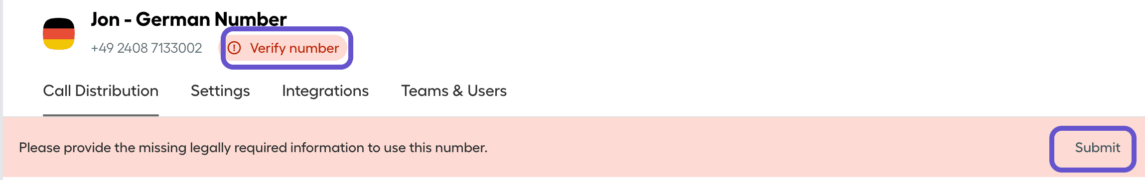 “Verify number” alert and a message to provide legally required information to activate it.