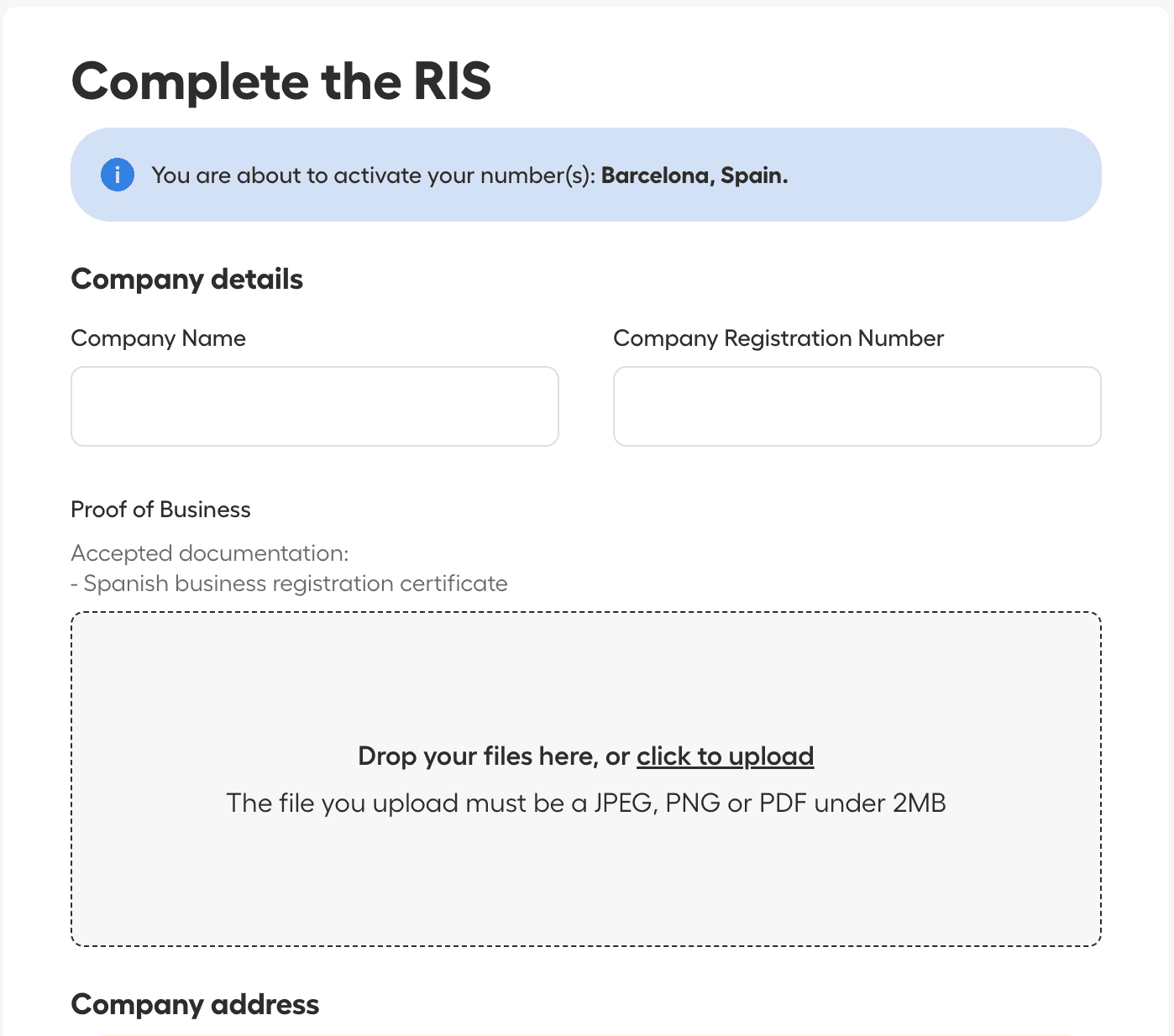Aircall form to complete the Regulatory Information Set (RIS) for a number, showing fields for company details and document upload.
