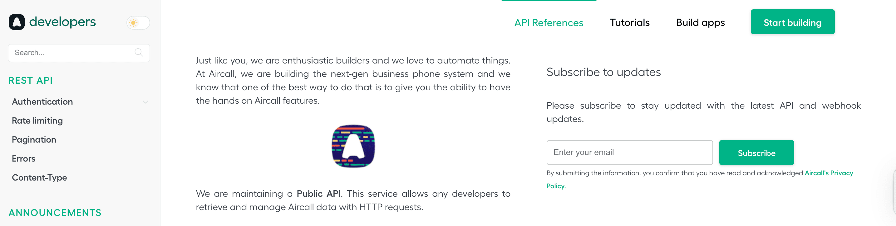 Aircall Developers homepage showing REST API documentation menu with sections like Authentication, Rate limiting, and Pagination, and a main page introducing the Aircall Public API with a subscribe to updates form..png