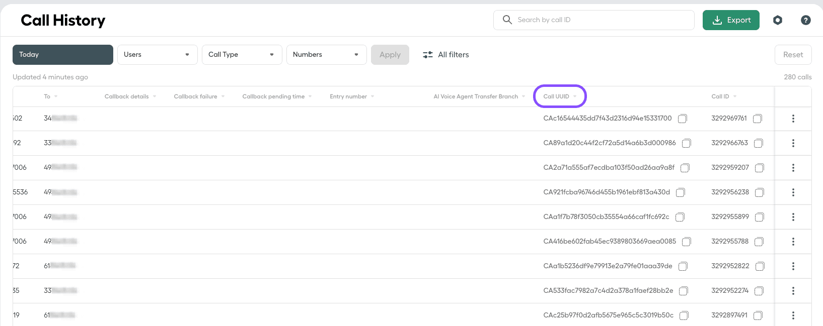 Image showing where to find the Call UID column in Call History