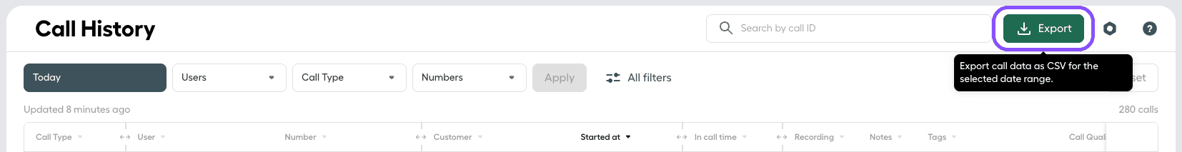 Image showing the Export button in Call History
