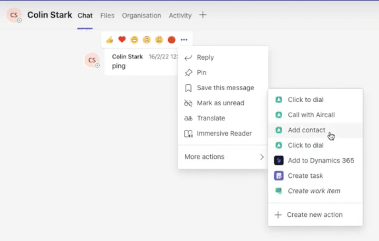 Image showing how to add contacts to Aircall from MT from a message