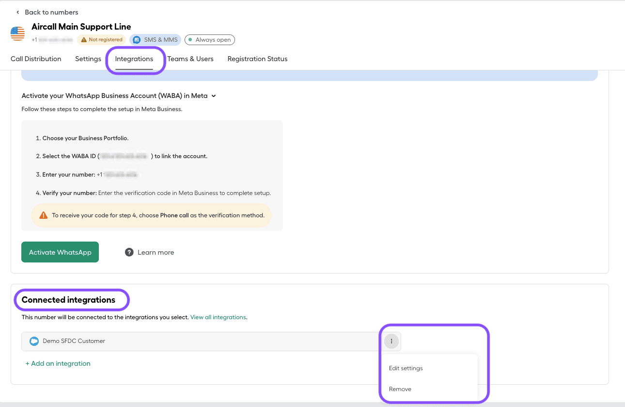 Image showing how to add numbers from the Numbers section and how to remove integration