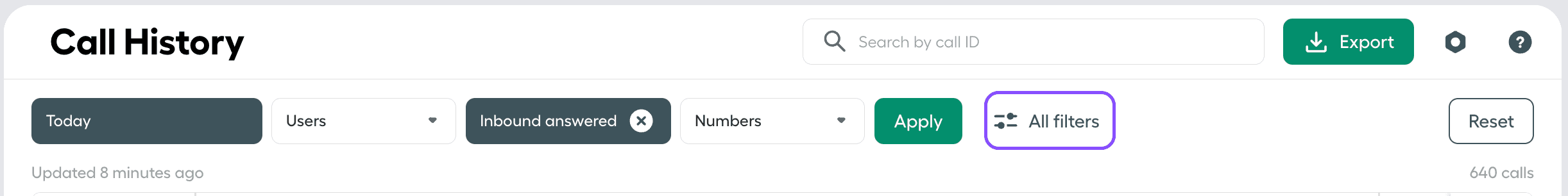 Image showing the All filters button in Call History