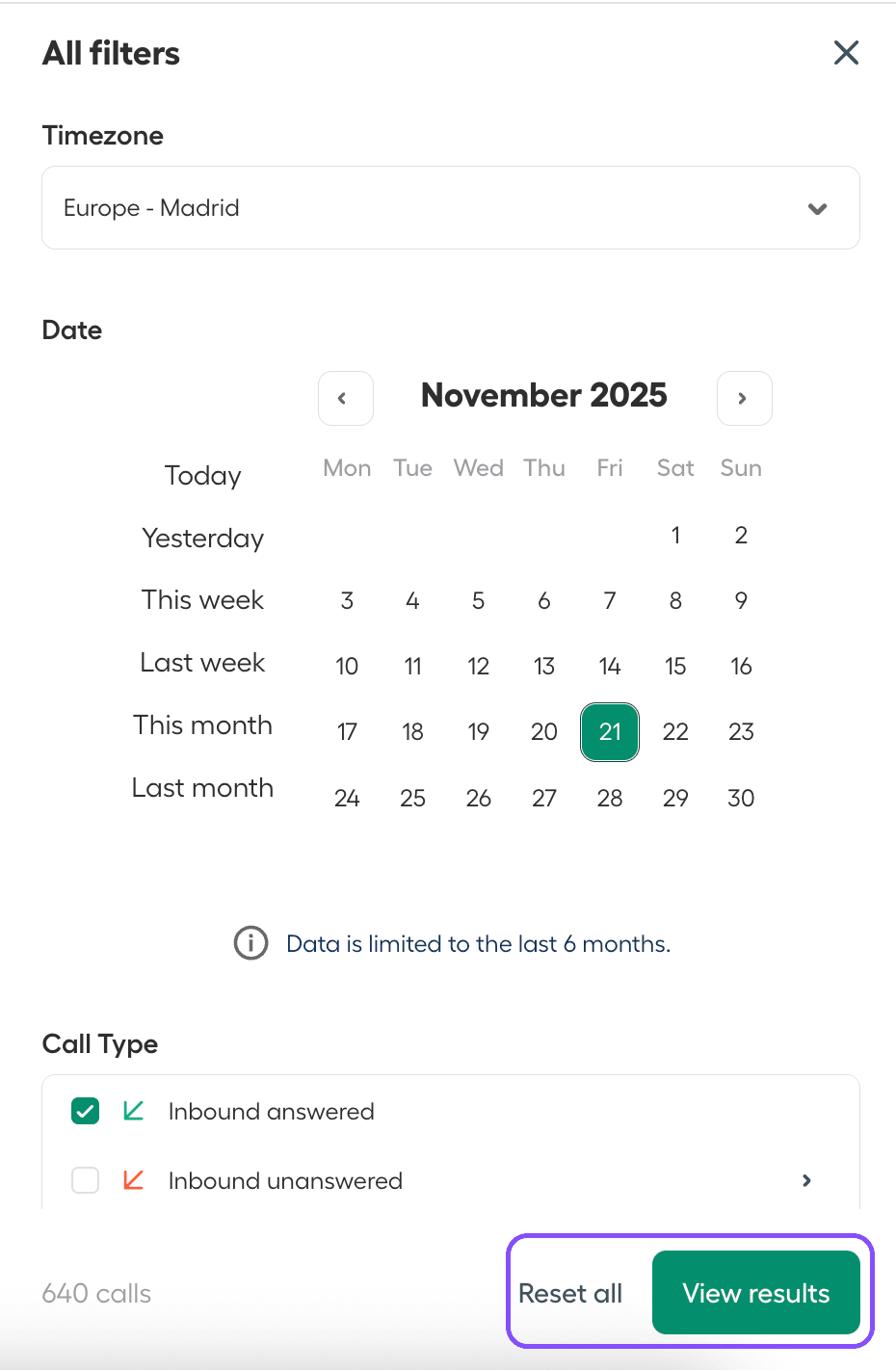 Image showing the All filters panel and the buttons Reset all and View results