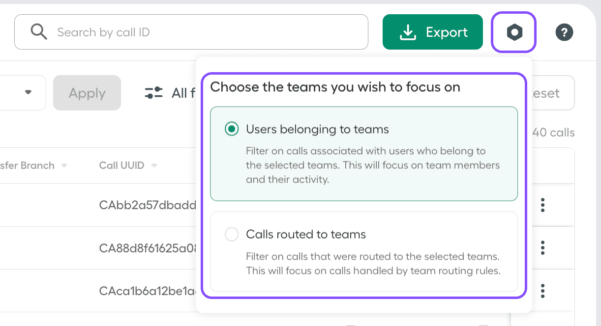 Image showing team filters in Call History