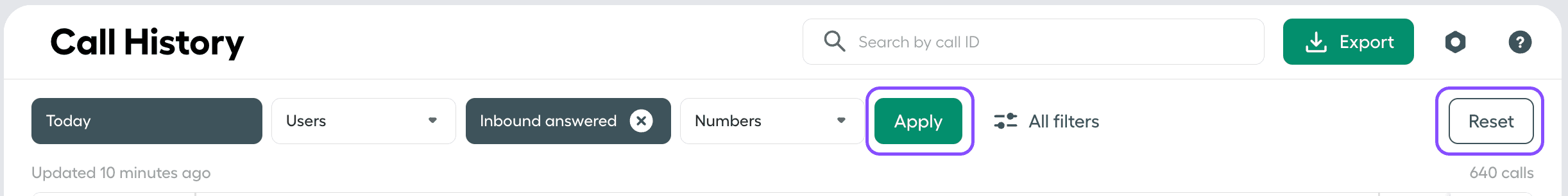 Image showing the Apply and Reset button in Call History Filters
