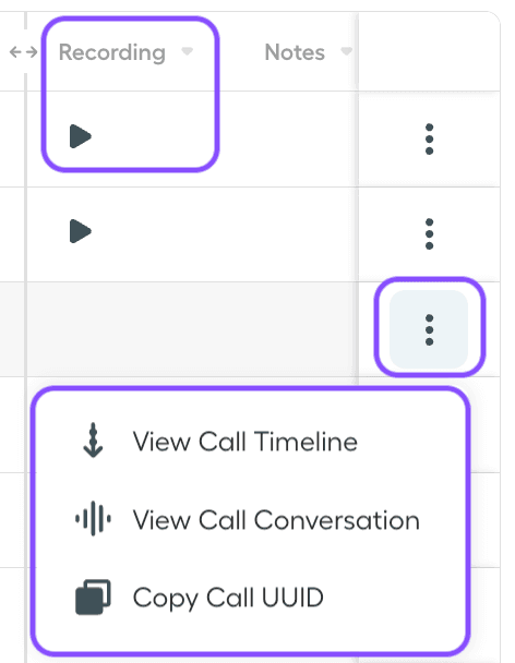 Image showing recordings and the options under the three dots