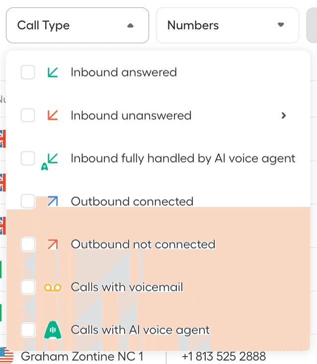 Call direction and type options