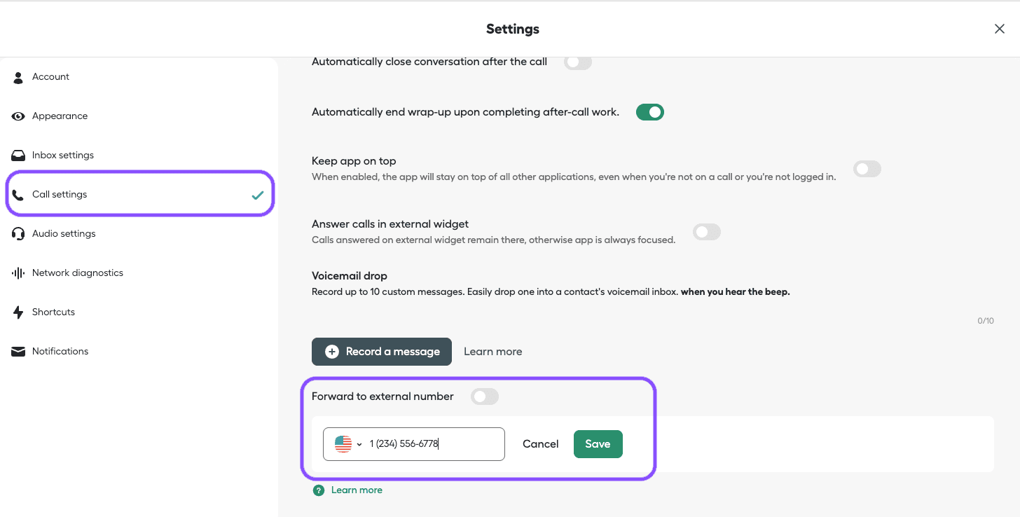 Image showing how to enable forward to external number in Aircall Workspace