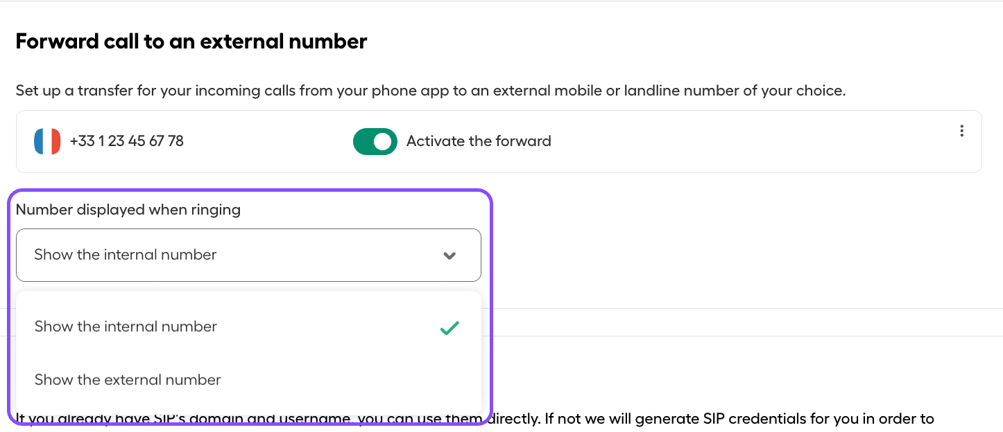 Image showing number displayed when ringing options
