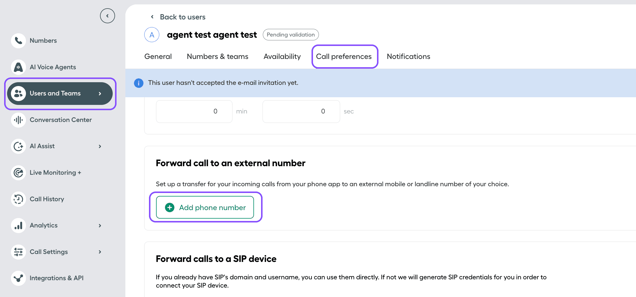 Image showing how to enable forward to an external number