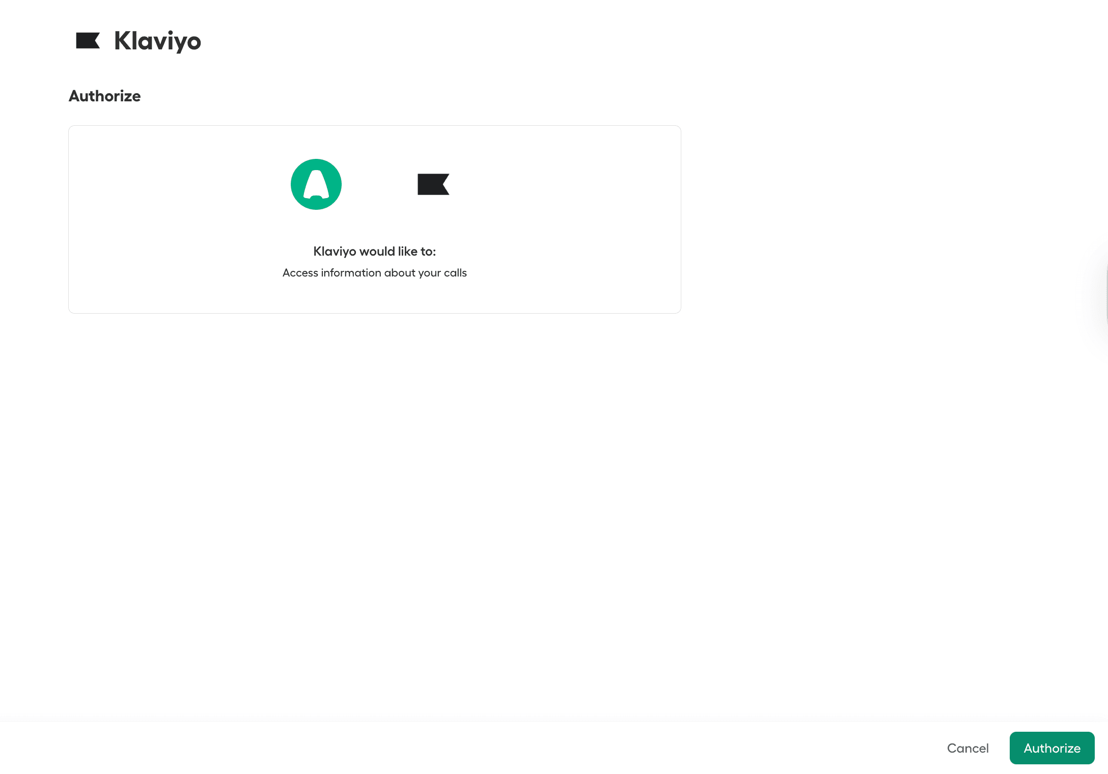 Klaviyo authorization screen requesting permission to access Aircall call information with an option to authorize or cancel..png