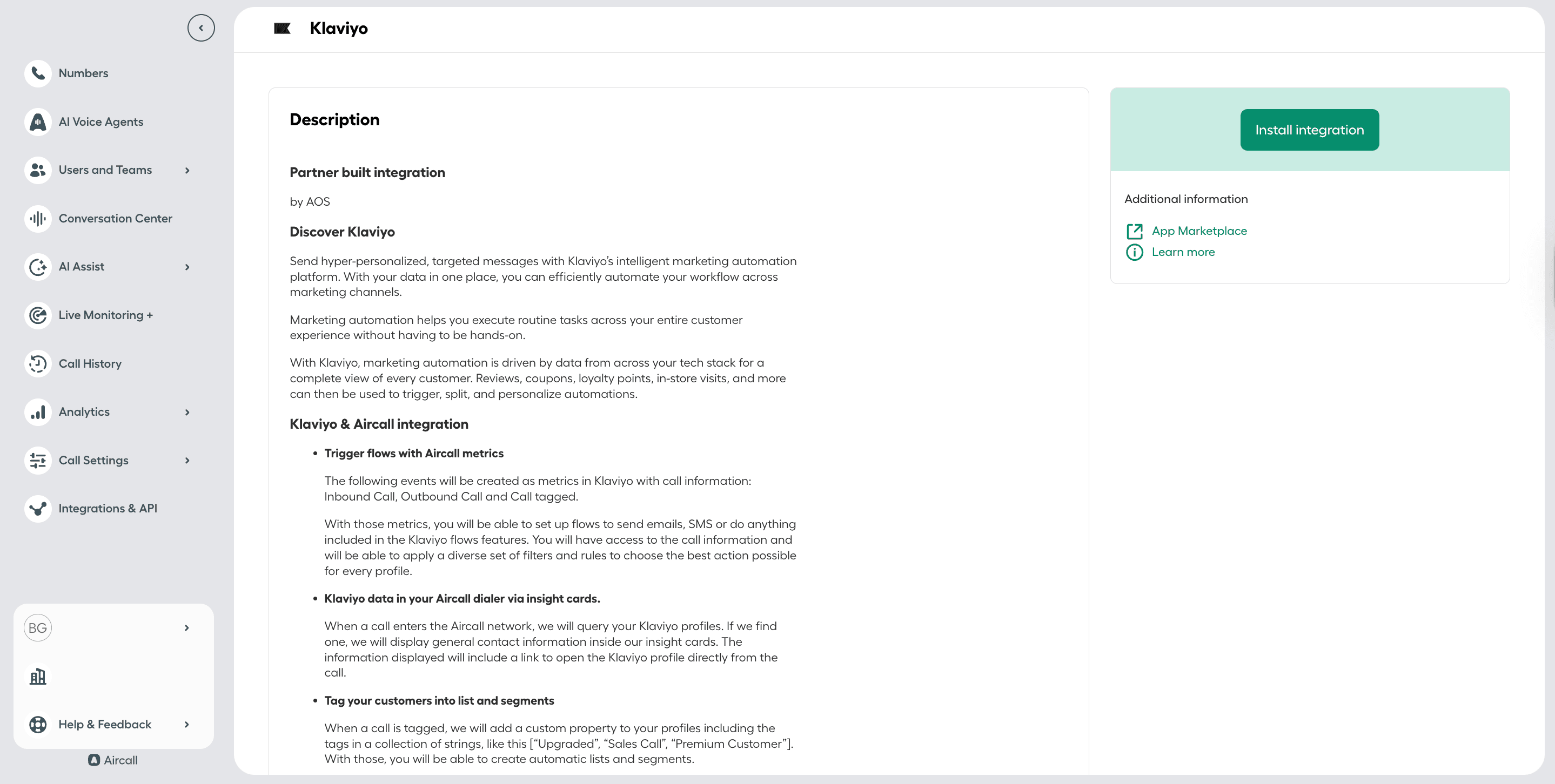 Aircall Klaviyo integration description page showing details about the integration, including partner information, features like triggering flows with Aircall metrics, displaying Klaviyo data in insight cards, and tagging customers into lists and segments..png