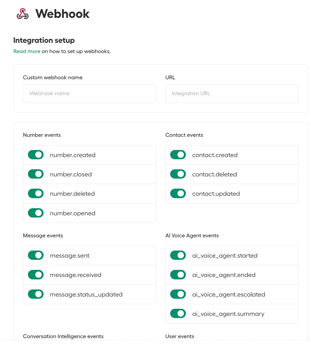 Webhook integration setup page with fields for webhook name, URL, and toggles for event types.png