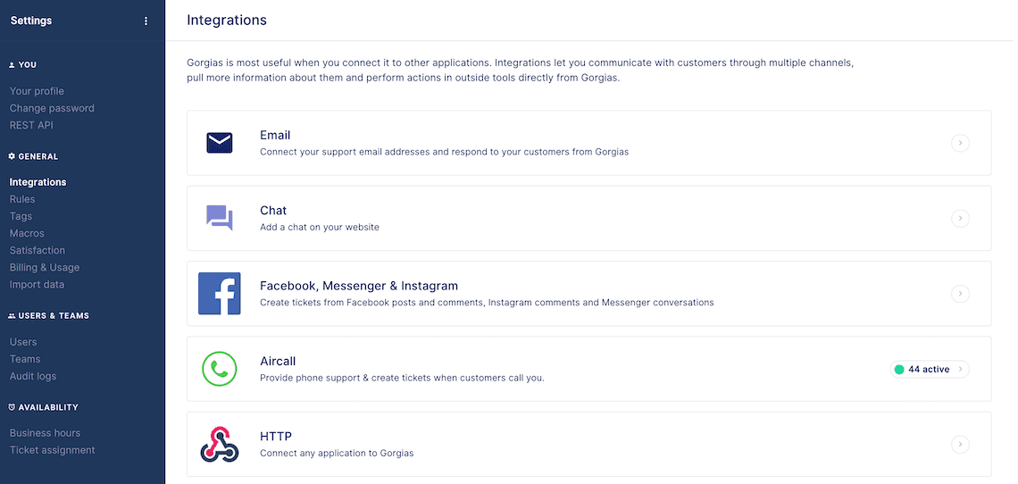 ntegrations list in Gorgias settings showing Email, Chat, Facebook/Messenger/Instagram, Aircall, and HTTP options.