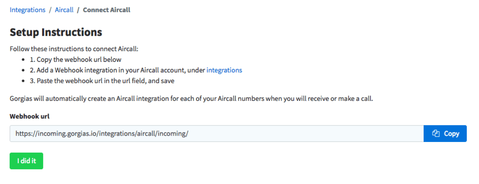 Setup instructions for connecting Aircall to Gorgias, including a webhook URL field and copy button.png